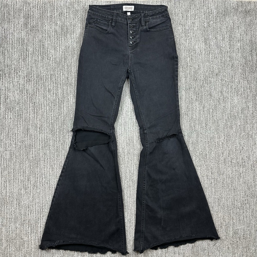 Shyanne Jeans Womens 28 Black Bell Bottom Flare Distressed High Rise Button Fly